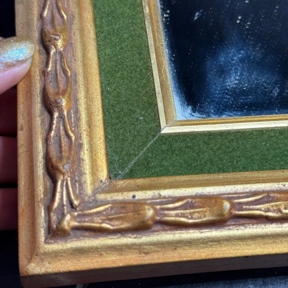Vintage Gold Gilt Wood Wall Mirror Green Velvet Inset Frame Made in Taiwan 8x10